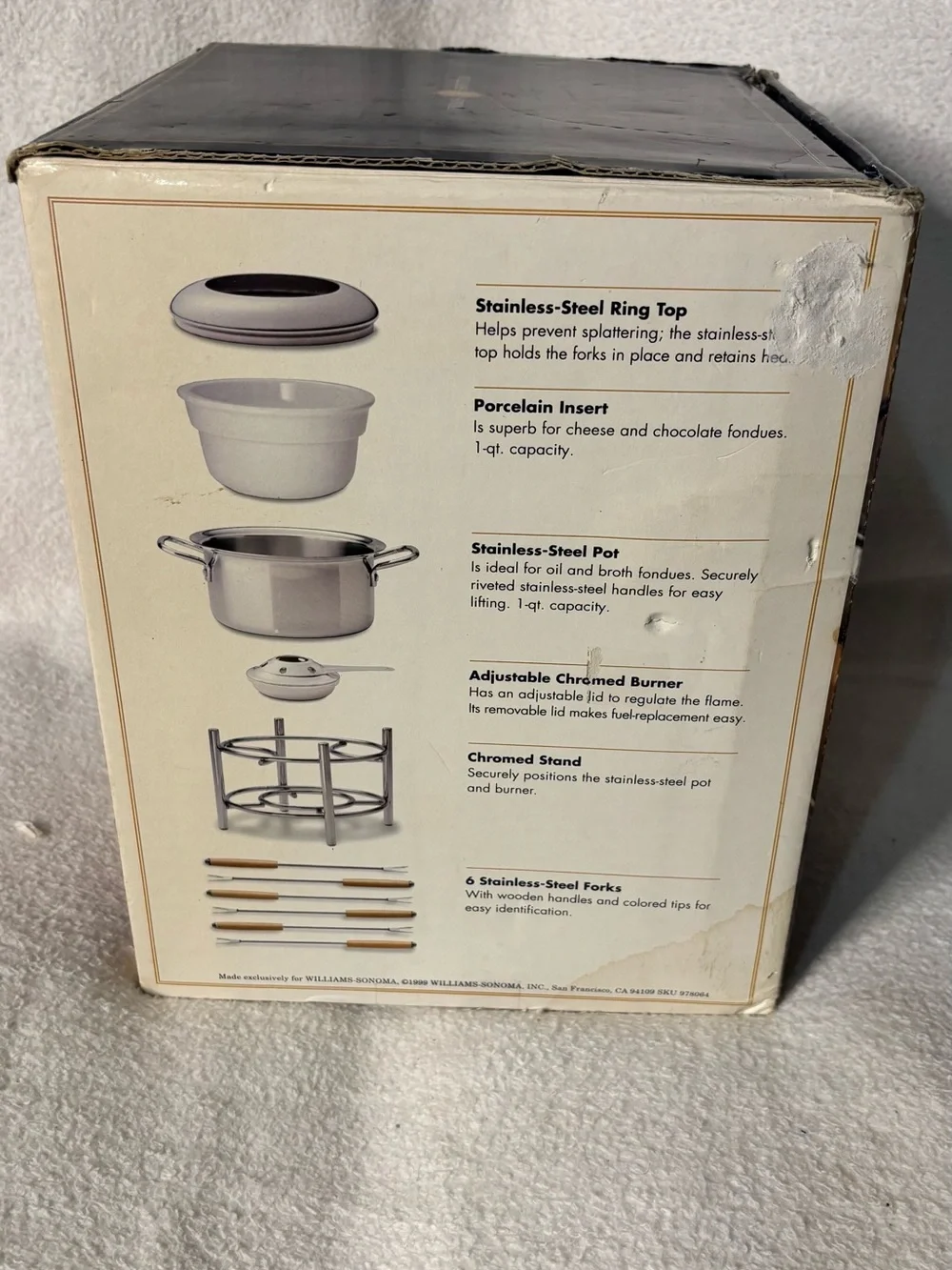 Williams Sonoma Stainless Steel and White Ceramic Fondue Set